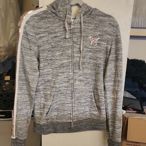 PINK Victoria's Secret Gray Marled Zip-Up Hoodie with Sequin Dog